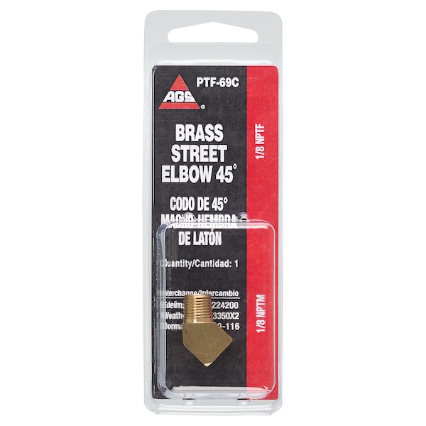 Ags Brass 45Deg. Street Elbow, Male (1/8-27 NPT), Female (1/8-27 NPT), 1/card PTF-69C - main